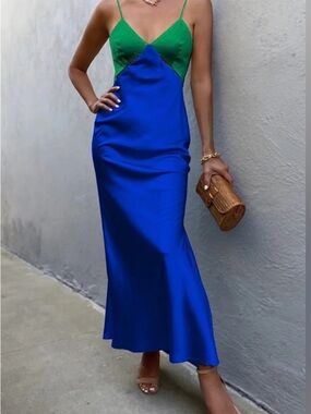 Two-Tone Green and Blue Midi Slip Dress